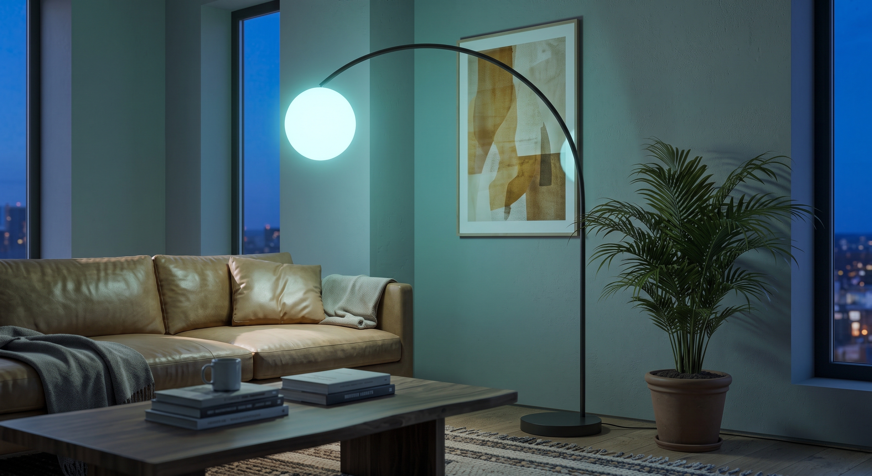 The moles arc lamp glowing cyan in a living room at blue hour.