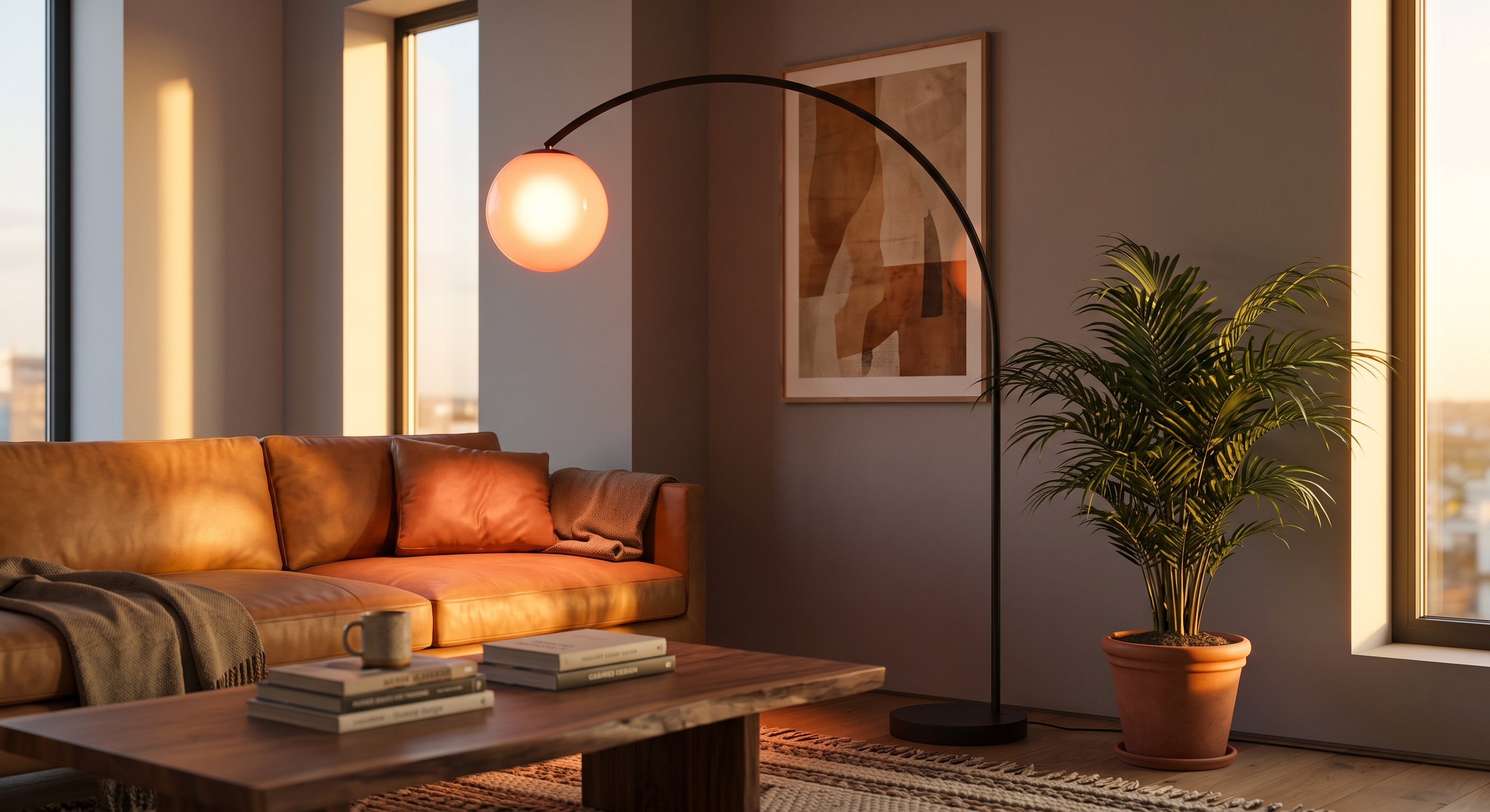 The moles arc lamp glowing warm amber in a sunlit living room.