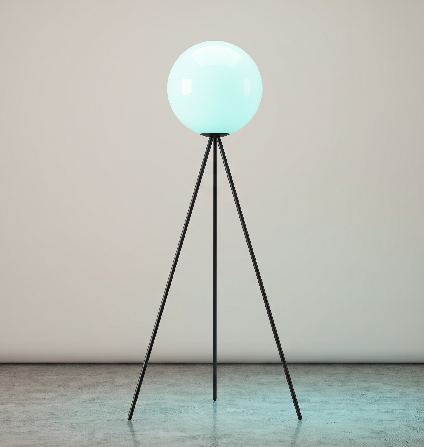 The Tripod lamp: three thin black legs supporting a glowing opal sphere.
